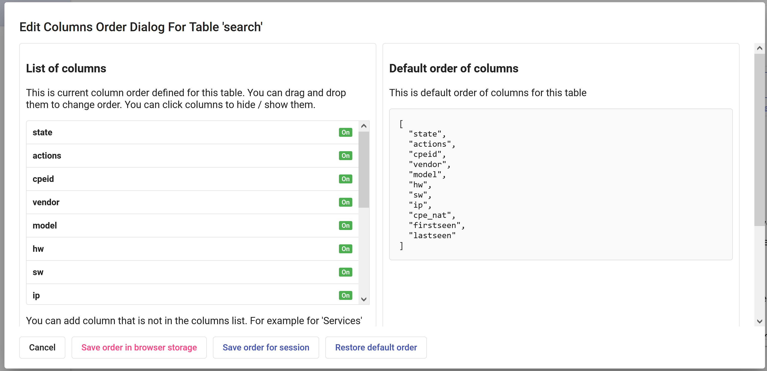 Edit Columns Order Dialog
